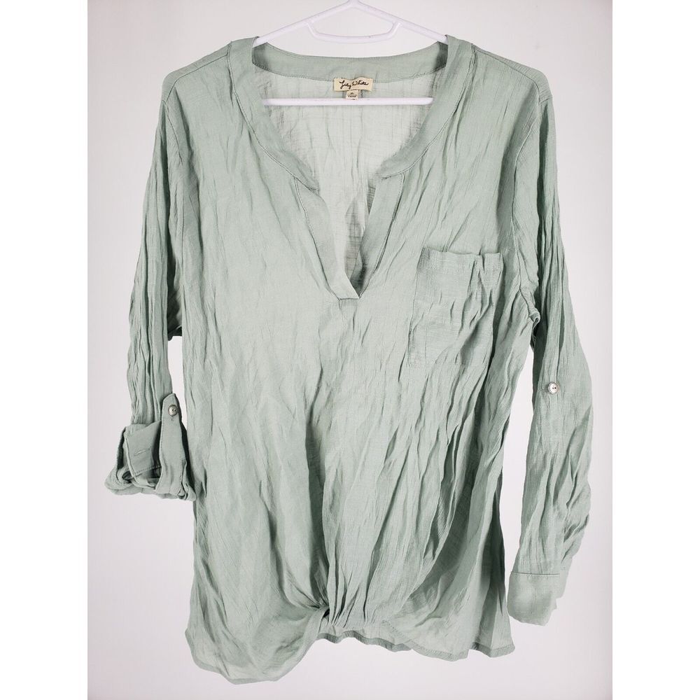 Lily White Roll Sleeve Blouse Top Sage Green‎ Twist Front V-Neck Size XL
